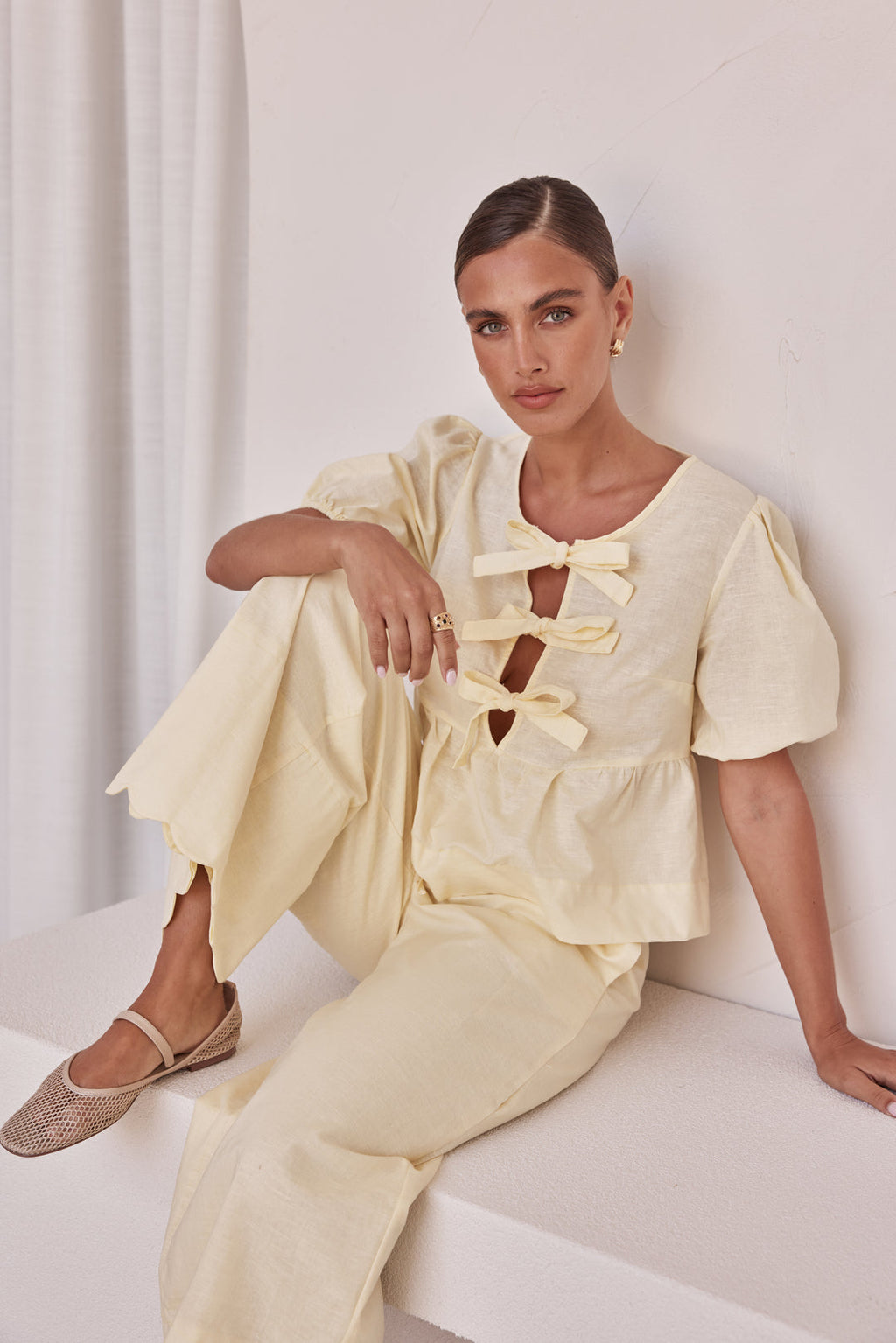 Butter Yellow Linen Bow Tie Front Top – Puff Sleeve Peplum Blouse-2