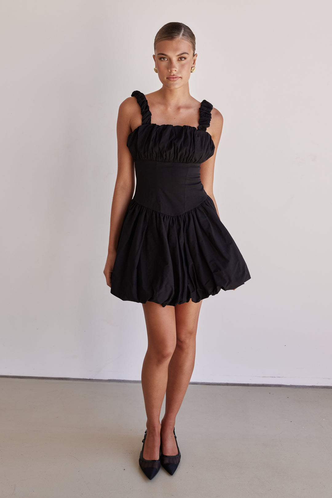Black Cotton Poplin Bubble Mini Dress-0